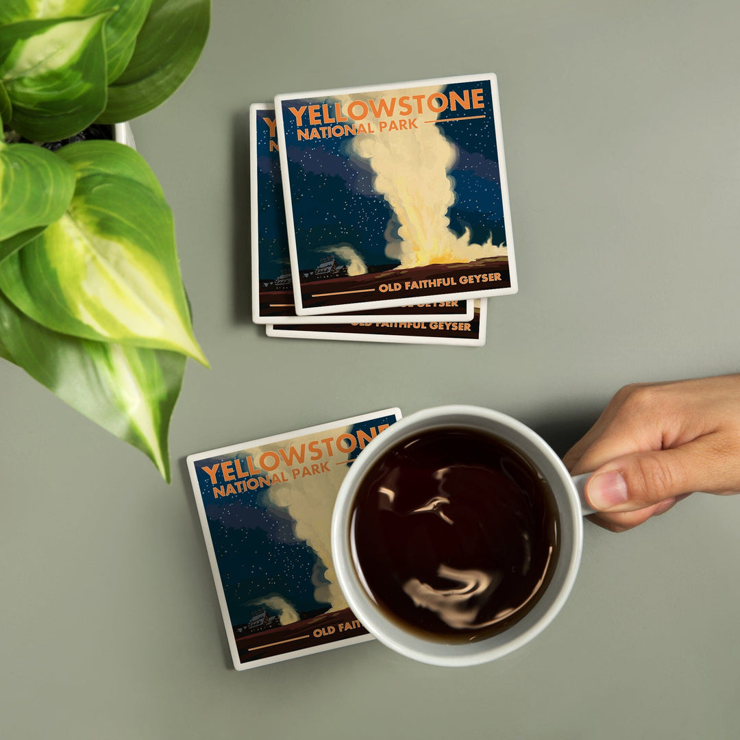Yellowstone National Park, Wyoming, Old Faithful at Night, Coasters Coasters Lantern Press
