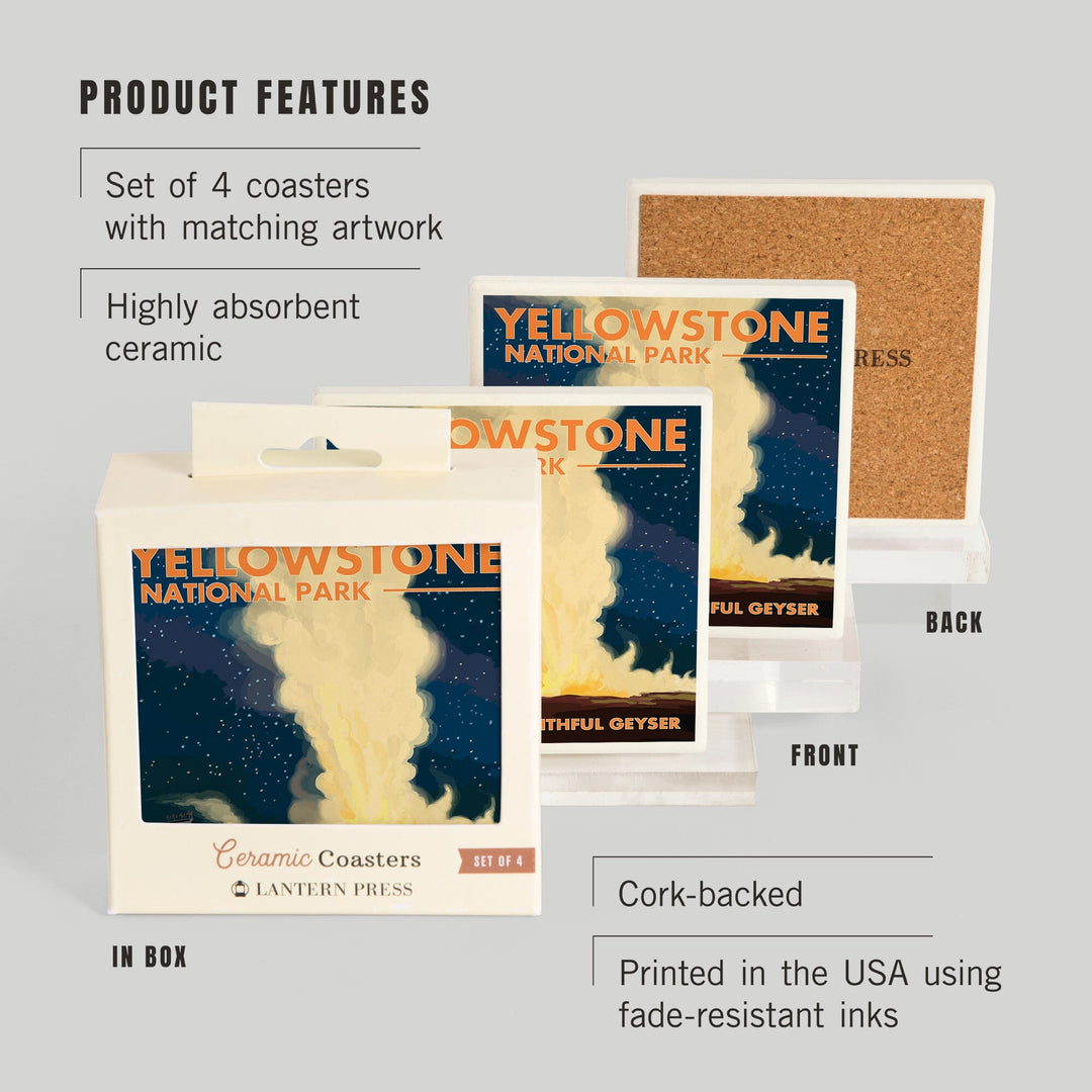 Yellowstone National Park, Wyoming, Old Faithful at Night, Coasters Coasters Lantern Press