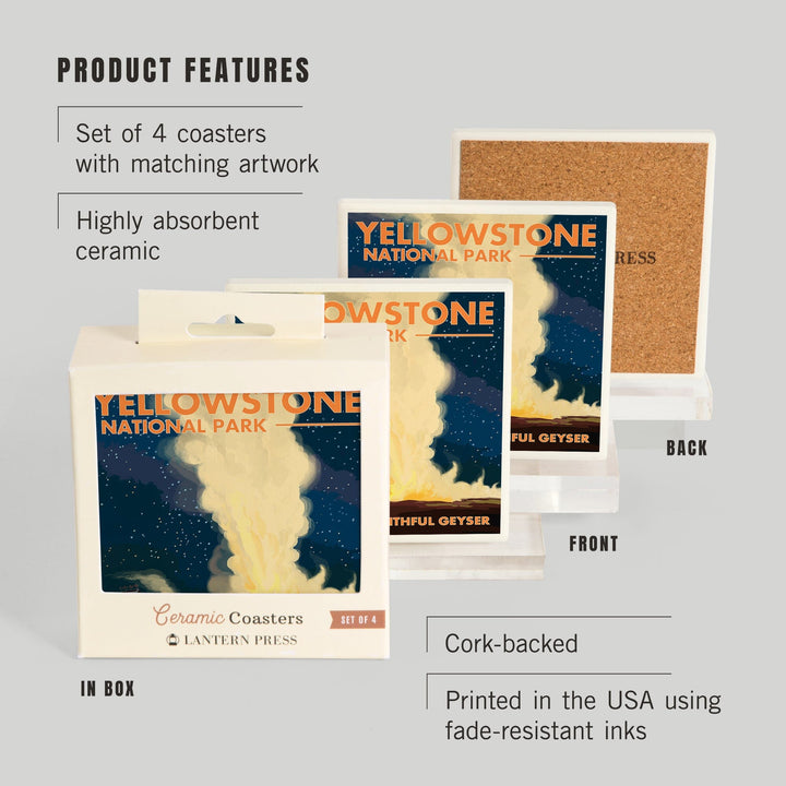 Yellowstone National Park, Wyoming, Old Faithful at Night, Coasters Coasters Lantern Press