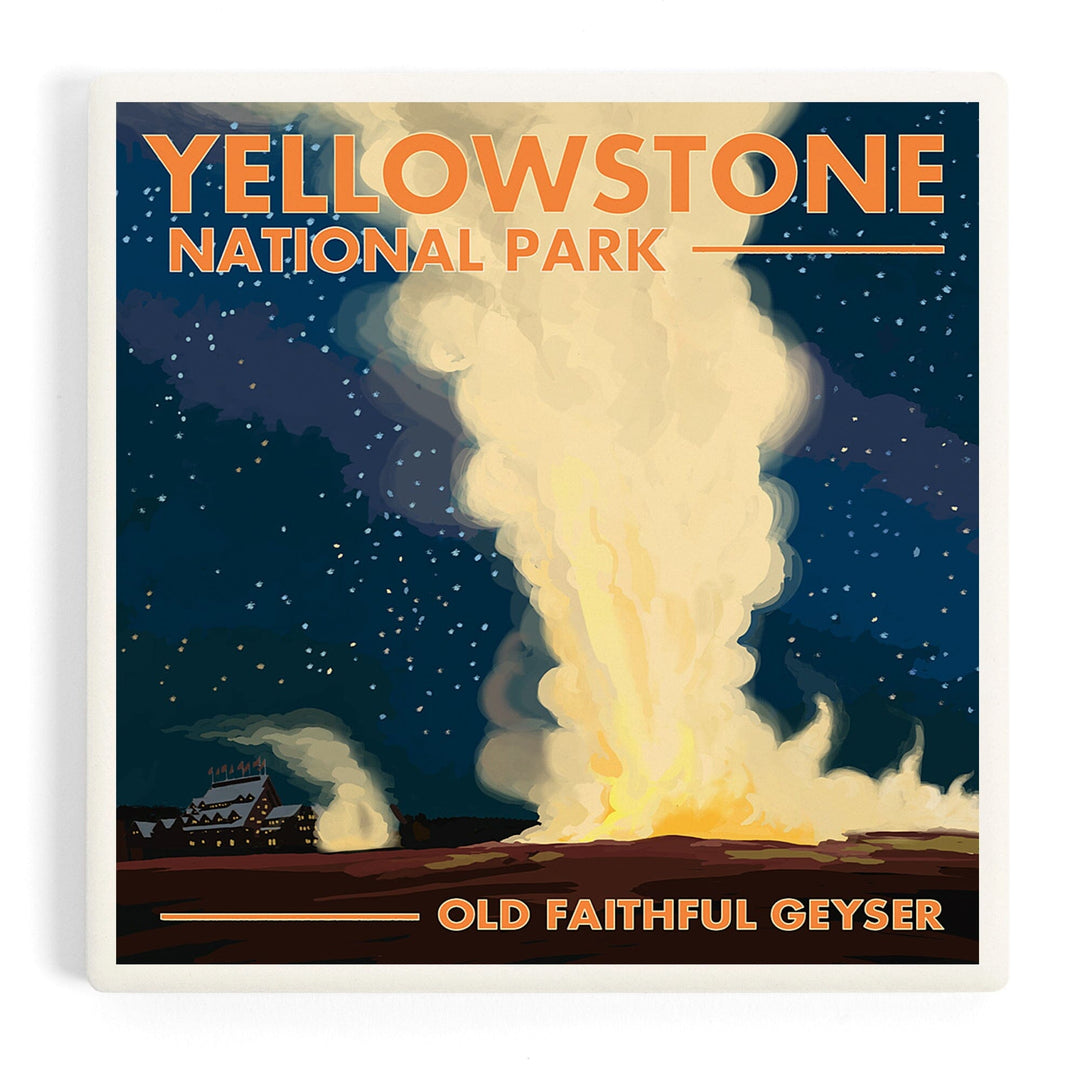 Yellowstone National Park, Wyoming, Old Faithful at Night, Coasters Coasters Lantern Press Coaster