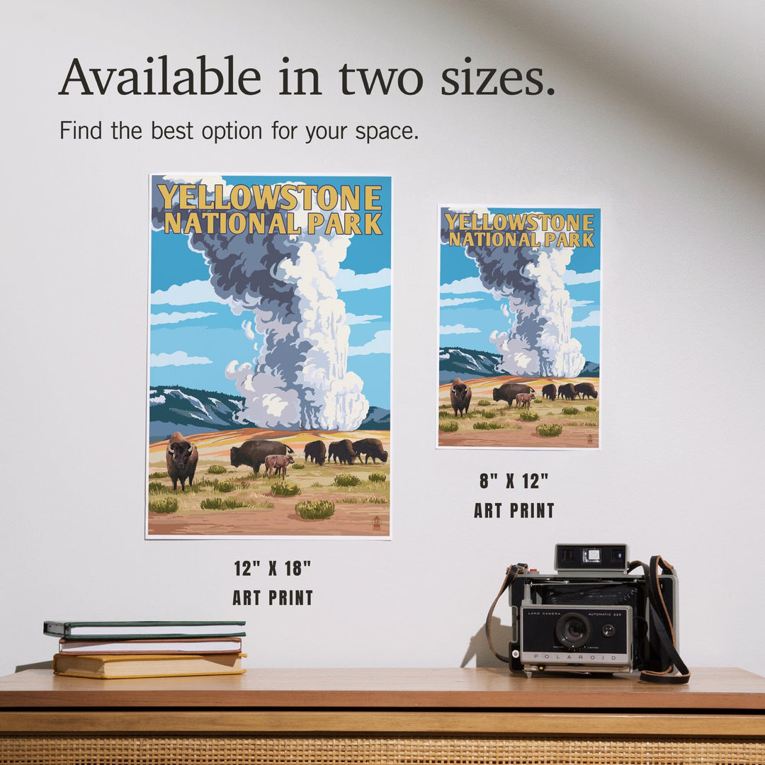 Yellowstone National Park, Wyoming, Old Faithful Geyser and Bison Herd, Art & Giclee Prints Art Lantern Press