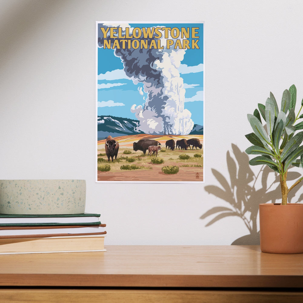 Yellowstone National Park, Wyoming, Old Faithful Geyser and Bison Herd, Art & Giclee Prints Art Lantern Press