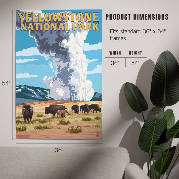 Yellowstone National Park, Wyoming, Old Faithful Geyser and Bison Herd, Art & Giclee Prints Art Lantern Press