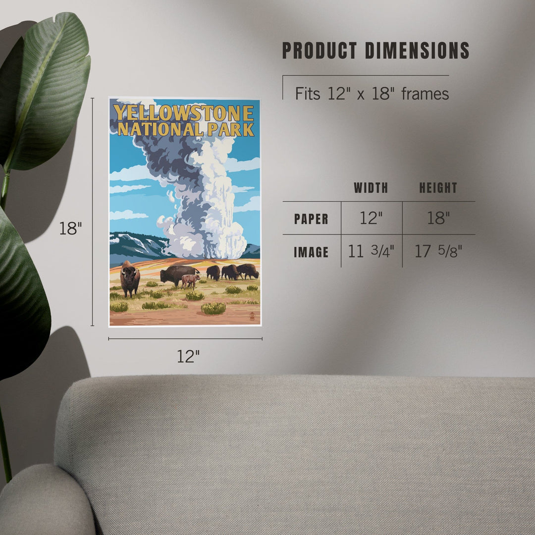 Yellowstone National Park, Wyoming, Old Faithful Geyser and Bison Herd, Art & Giclee Prints Art Lantern Press