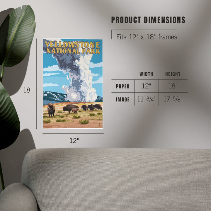 Yellowstone National Park, Wyoming, Old Faithful Geyser and Bison Herd, Art & Giclee Prints Art Lantern Press