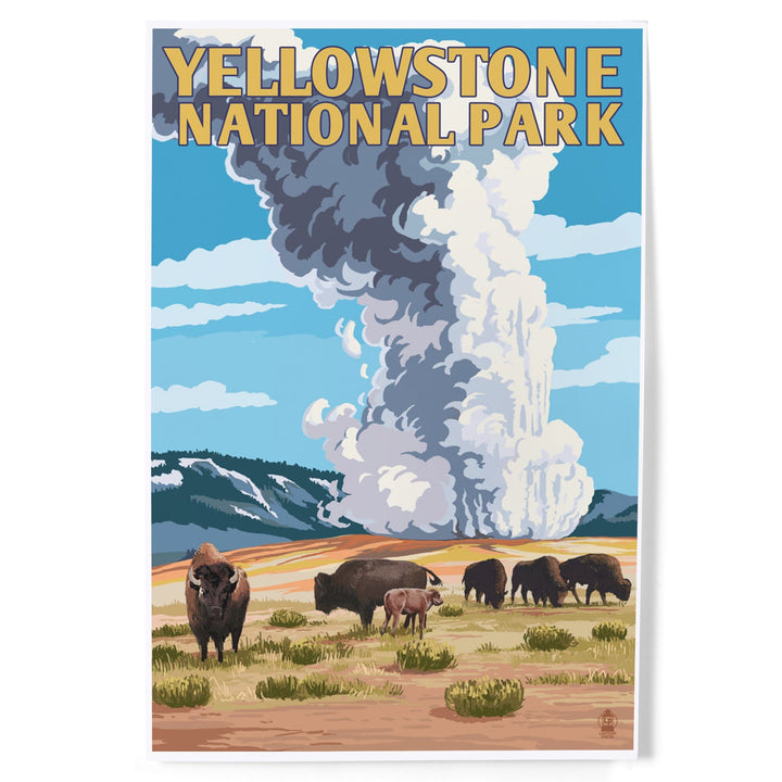 Yellowstone National Park, Wyoming, Old Faithful Geyser and Bison Herd, Art & Giclee Prints Art Lantern Press 8 x 12 Art Print
