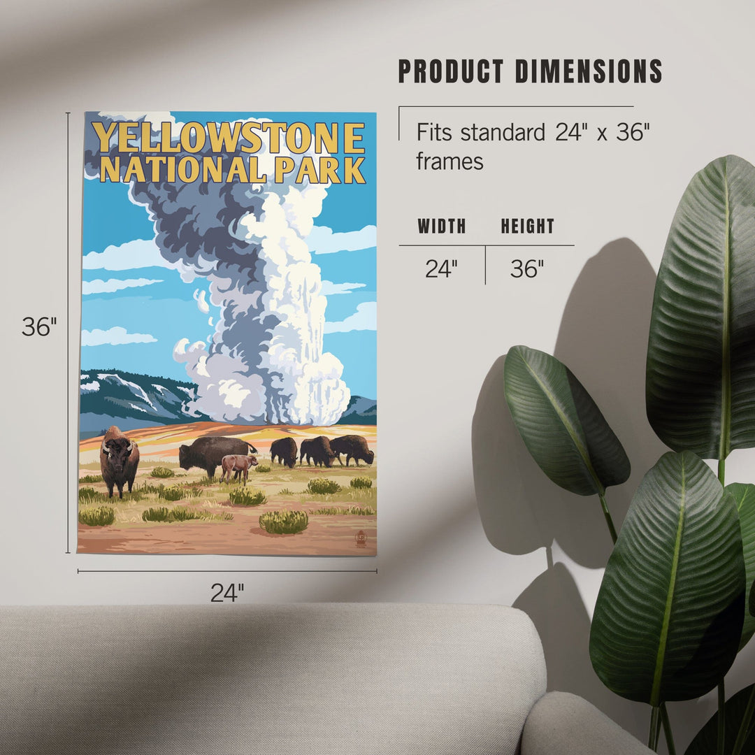 Yellowstone National Park, Wyoming, Old Faithful Geyser and Bison Herd, Art & Giclee Prints Art Lantern Press
