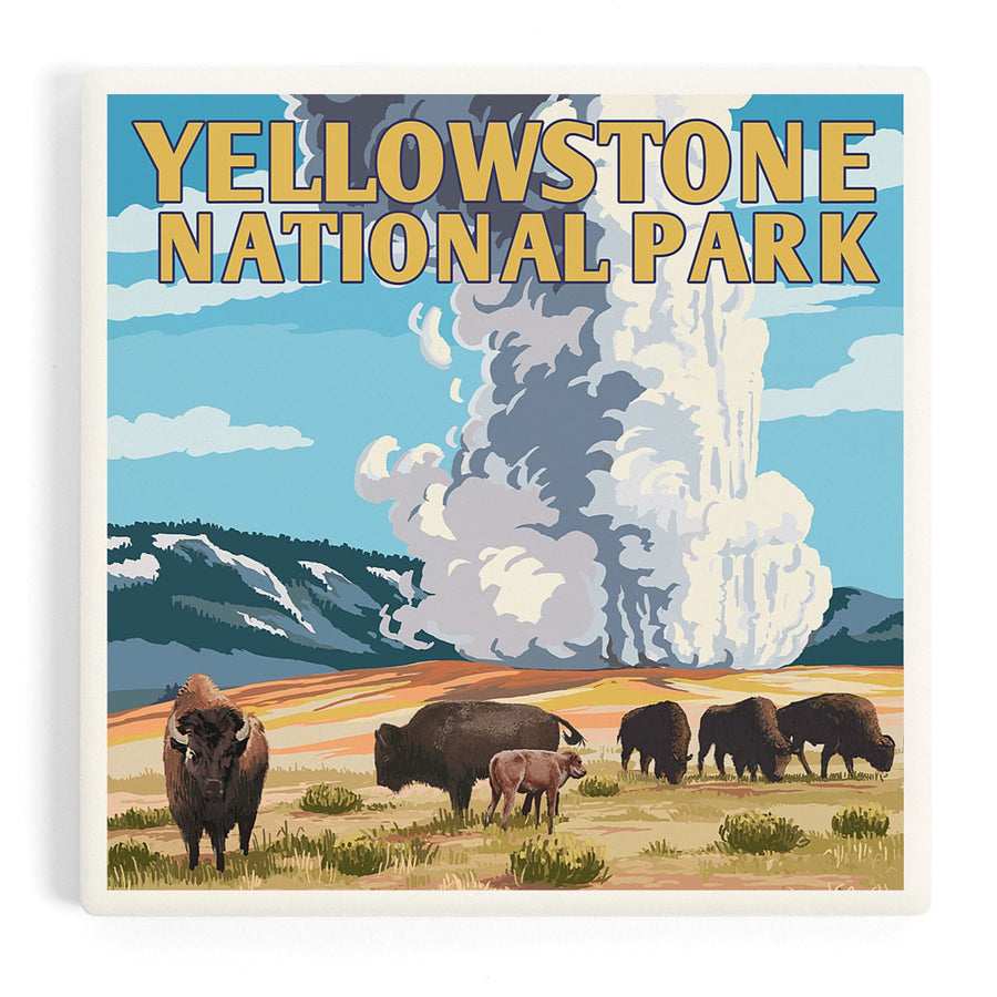 Yellowstone National Park, Wyoming, Old Faithful Geyser and Bison Herd, Coasters Coasters Lantern Press