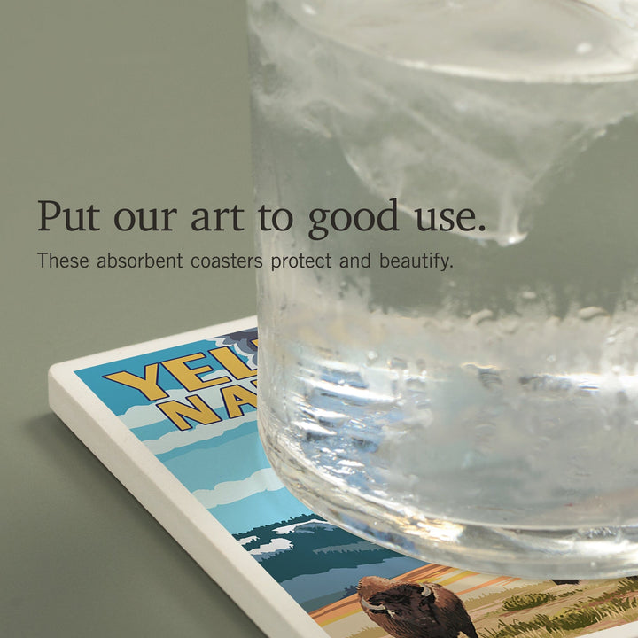 Yellowstone National Park, Wyoming, Old Faithful Geyser and Bison Herd, Coasters Coasters Lantern Press