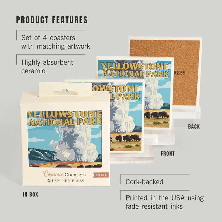 Yellowstone National Park, Wyoming, Old Faithful Geyser and Bison Herd, Coasters Coasters Lantern Press