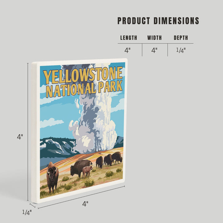 Yellowstone National Park, Wyoming, Old Faithful Geyser and Bison Herd, Coasters Coasters Lantern Press