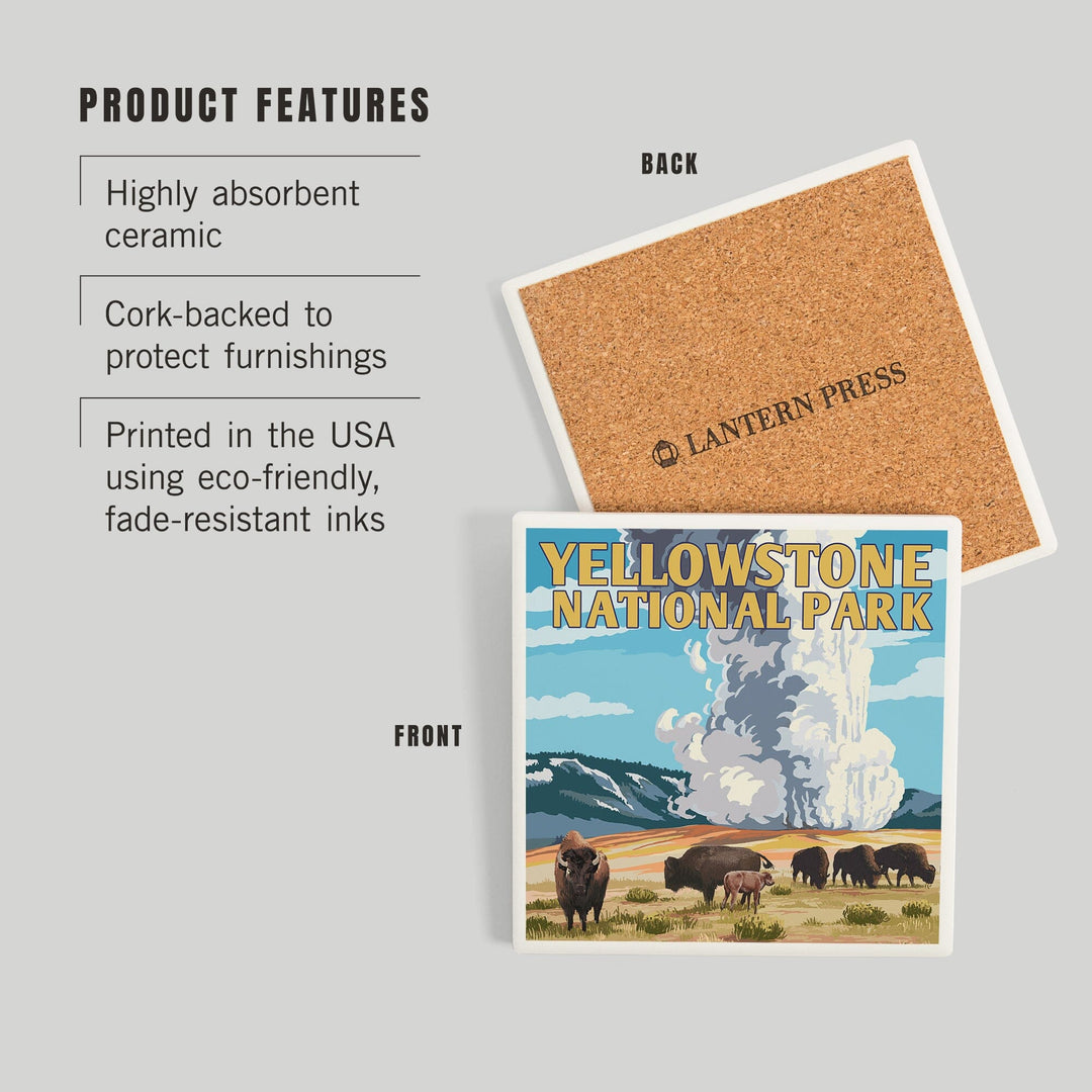 Yellowstone National Park, Wyoming, Old Faithful Geyser and Bison Herd, Coasters Coasters Lantern Press