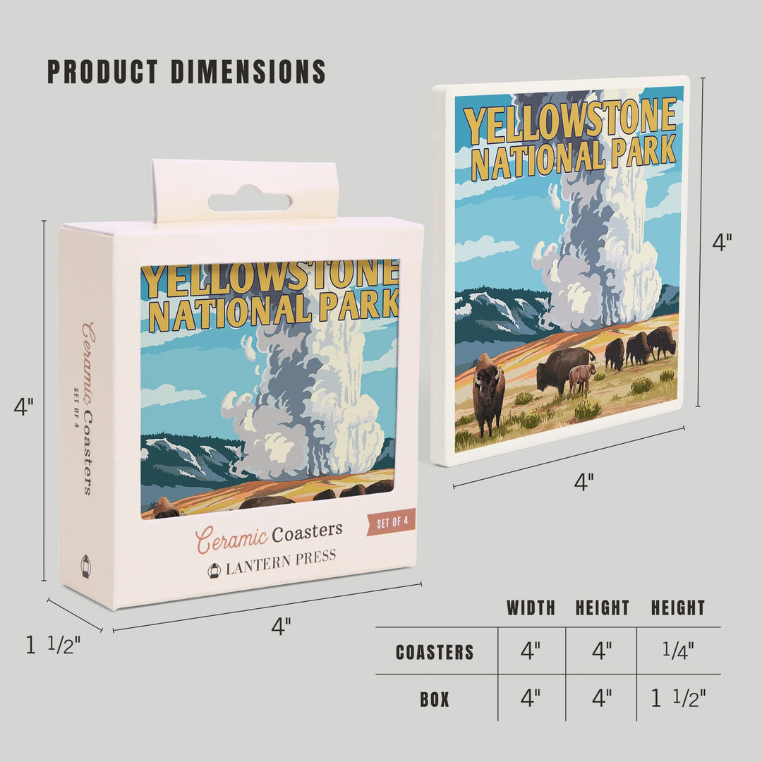 Yellowstone National Park, Wyoming, Old Faithful Geyser and Bison Herd, Coasters Coasters Lantern Press