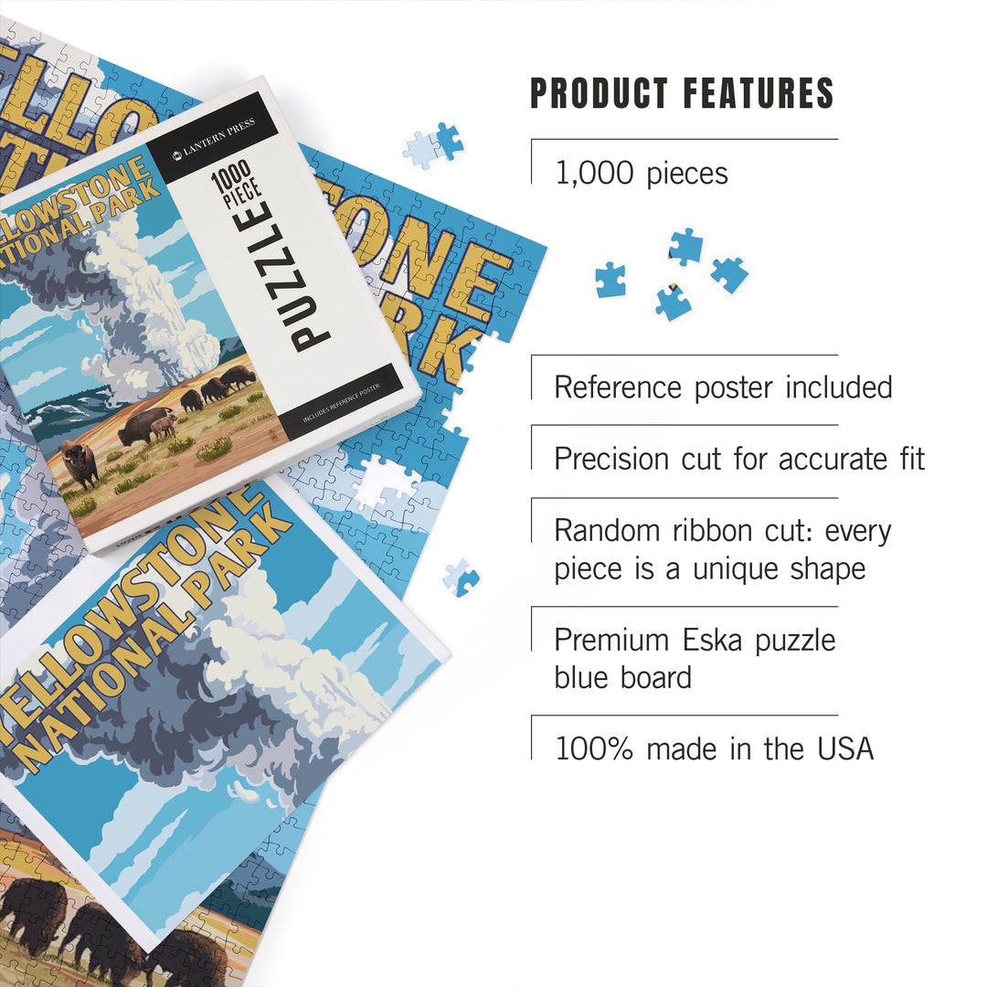 Yellowstone National Park, Wyoming, Old Faithful Geyser and Bison Herd, Jigsaw Puzzle Puzzle Lantern Press