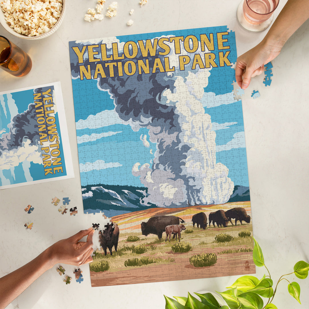 Yellowstone National Park, Wyoming, Old Faithful Geyser and Bison Herd, Jigsaw Puzzle Puzzle Lantern Press