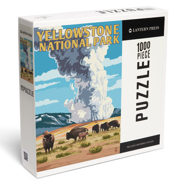 Yellowstone National Park, Wyoming, Old Faithful Geyser and Bison Herd, Jigsaw Puzzle Puzzle Lantern Press