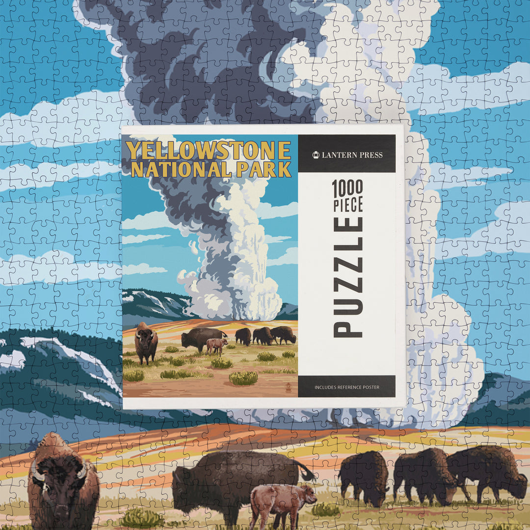 Yellowstone National Park, Wyoming, Old Faithful Geyser and Bison Herd, Jigsaw Puzzle Puzzle Lantern Press