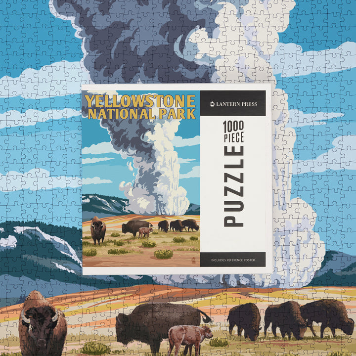 Yellowstone National Park, Wyoming, Old Faithful Geyser and Bison Herd, Jigsaw Puzzle Puzzle Lantern Press