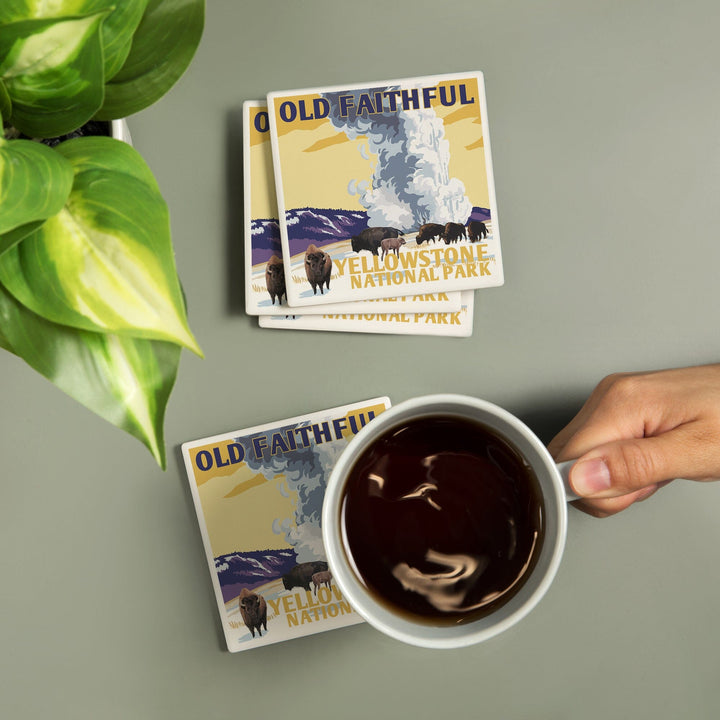 Yellowstone National Park, Wyoming, Old Faithful Geyser, WPA Style, Coasters Coasters Lantern Press