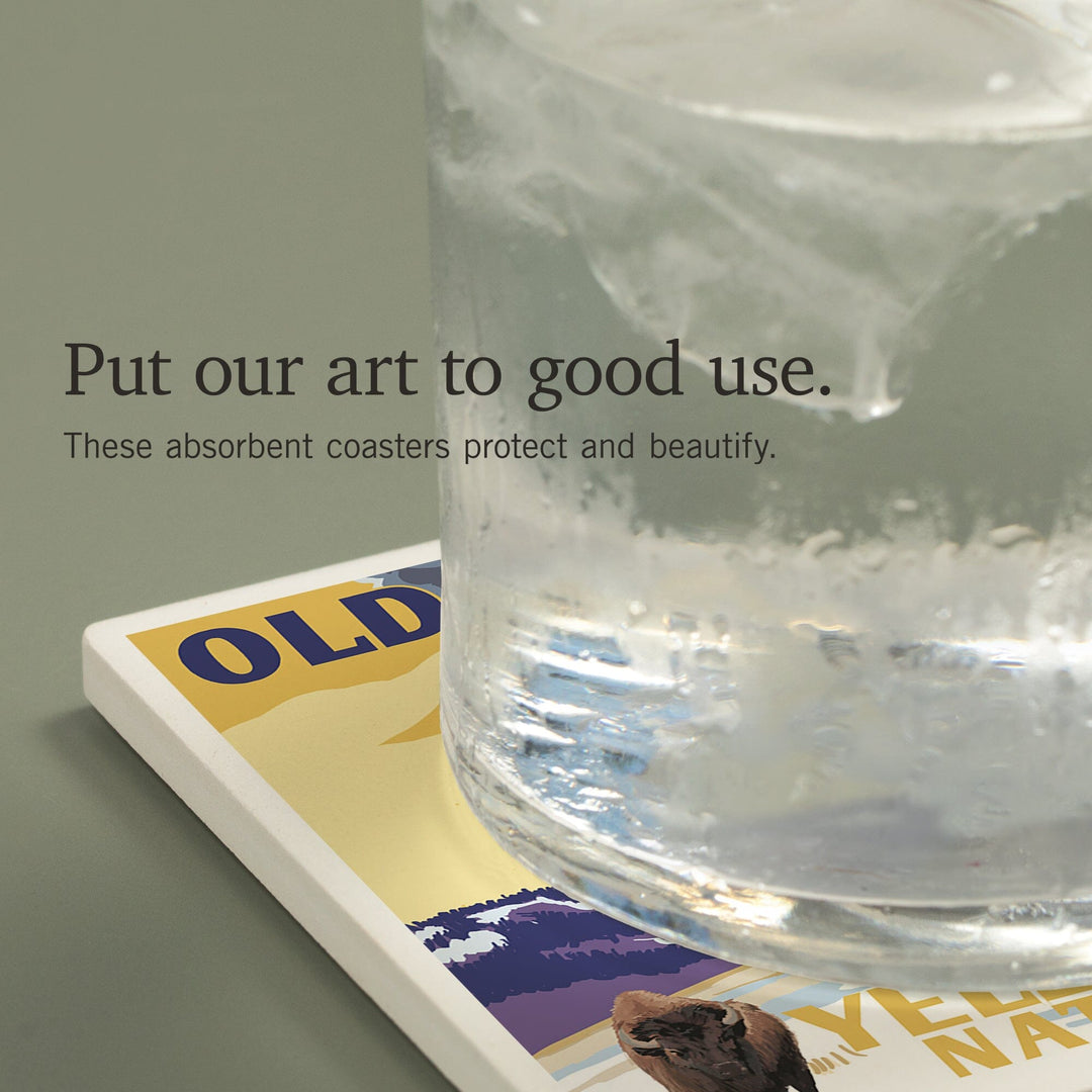 Yellowstone National Park, Wyoming, Old Faithful Geyser, WPA Style, Coasters Coasters Lantern Press