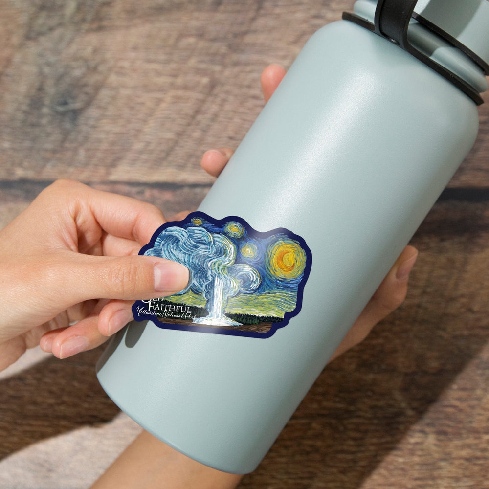Yellowstone National Park, Wyoming, Old Faithful, Starry Night, Contour, Vinyl Sticker Sticker Lantern Press
