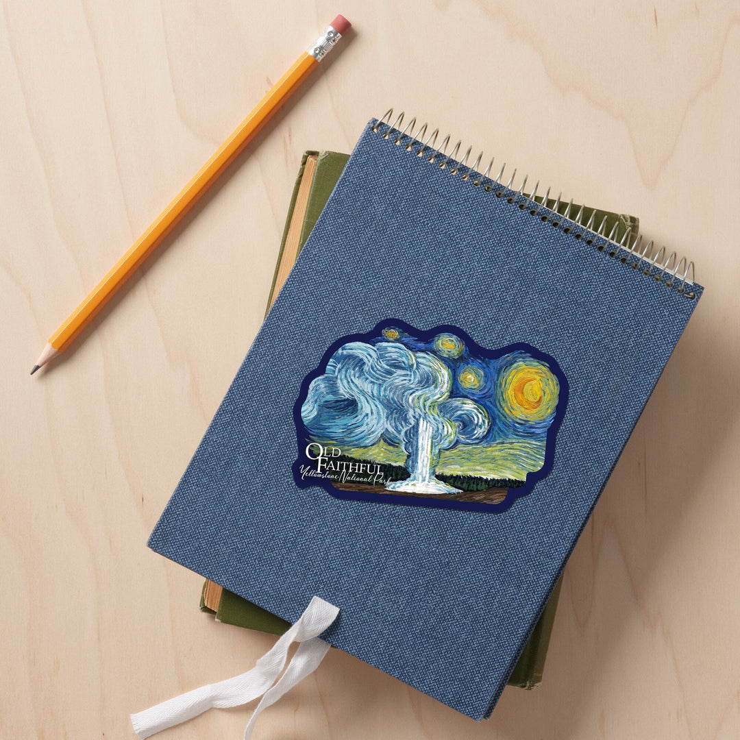 Yellowstone National Park, Wyoming, Old Faithful, Starry Night, Contour, Vinyl Sticker Sticker Lantern Press