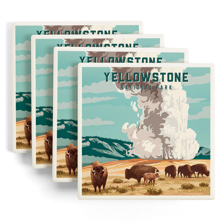 Yellowstone National Park, Wyoming, Painterly National Park Series, Bison and Geyser, Coasters Coasters Lantern Press
