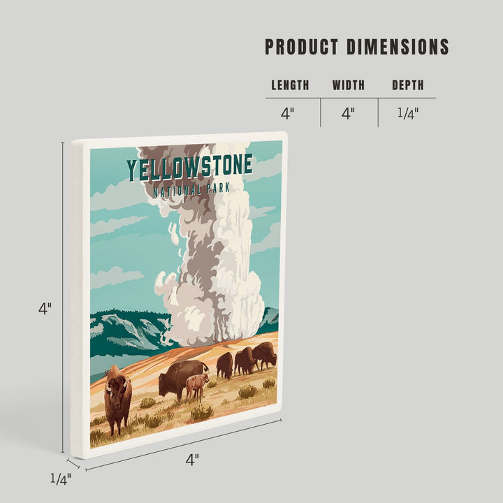 Yellowstone National Park, Wyoming, Painterly National Park Series, Bison and Geyser, Coasters Coasters Lantern Press