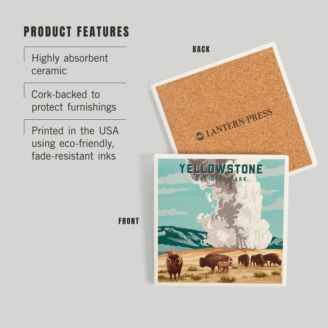 Yellowstone National Park, Wyoming, Painterly National Park Series, Bison and Geyser, Coasters Coasters Lantern Press