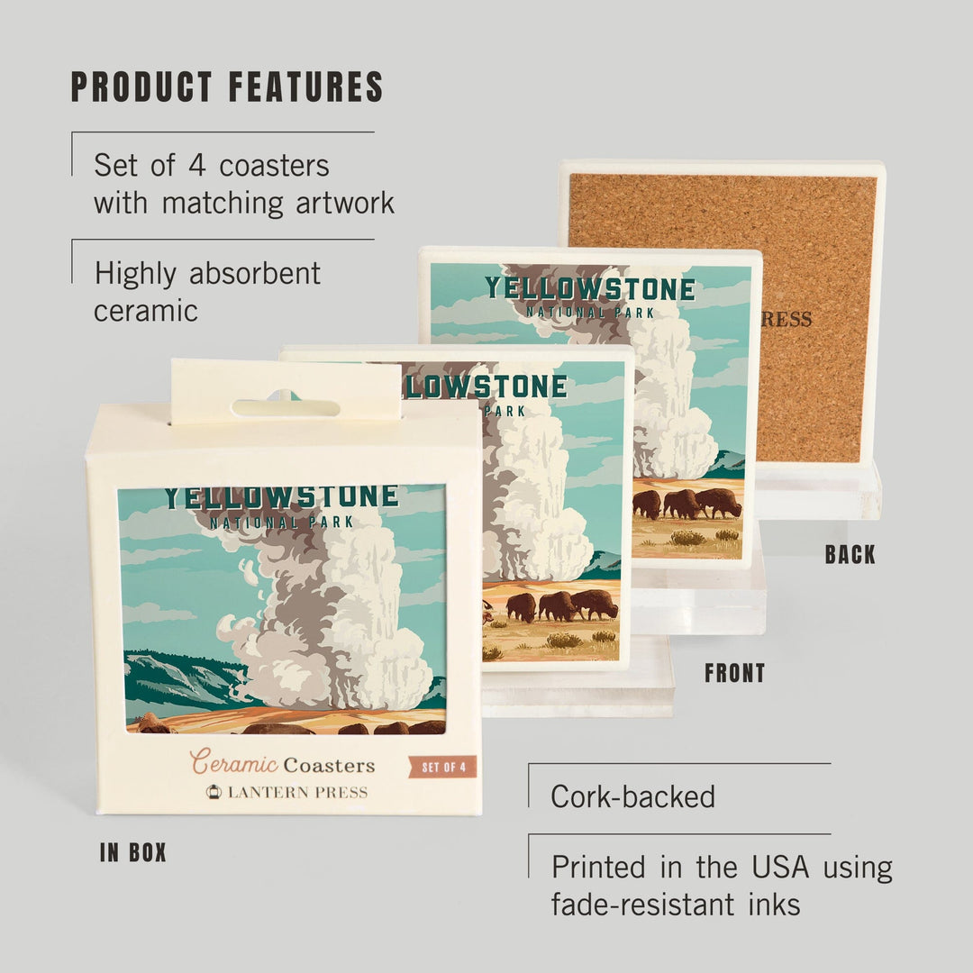 Yellowstone National Park, Wyoming, Painterly National Park Series, Bison and Geyser, Coasters Coasters Lantern Press
