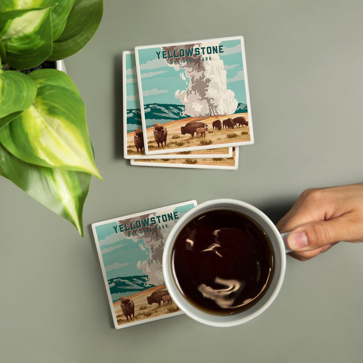 Yellowstone National Park, Wyoming, Painterly National Park Series, Bison and Geyser, Coasters Coasters Lantern Press