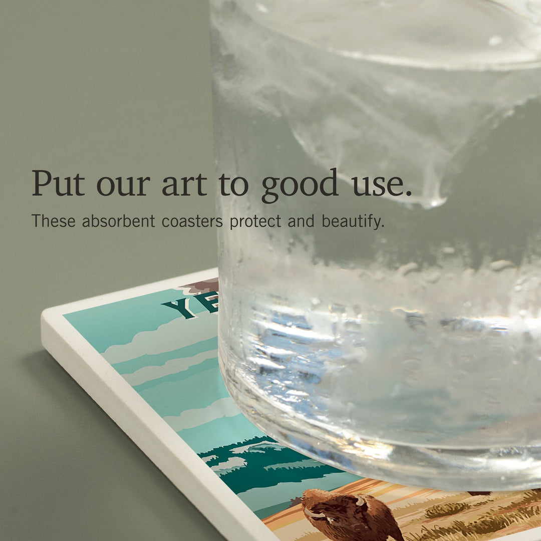 Yellowstone National Park, Wyoming, Painterly National Park Series, Bison and Geyser, Coasters Coasters Lantern Press