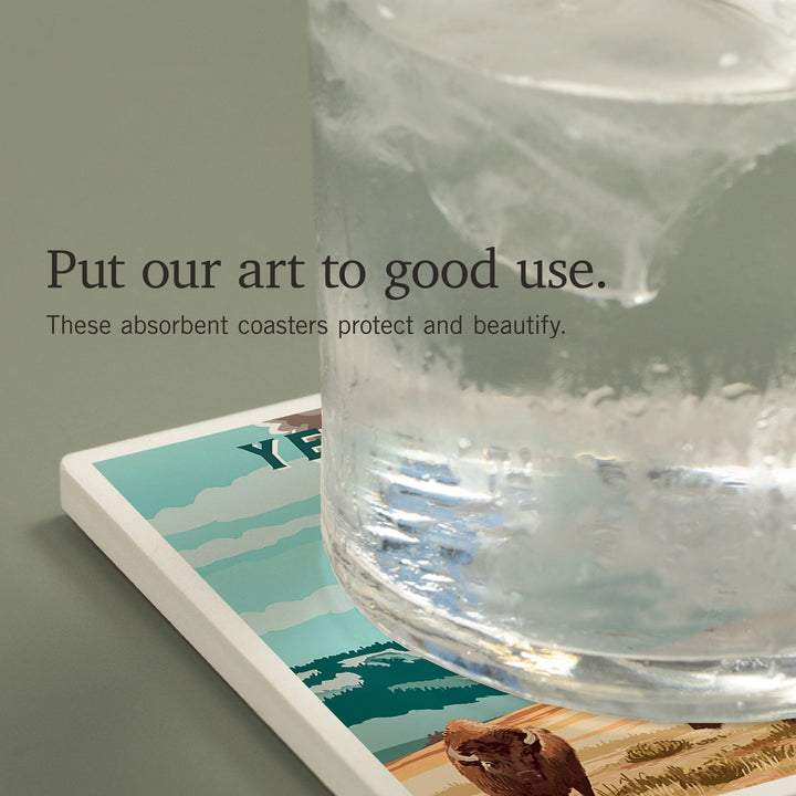 Yellowstone National Park, Wyoming, Painterly National Park Series, Bison and Geyser, Coasters Coasters Lantern Press