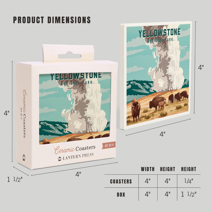 Yellowstone National Park, Wyoming, Painterly National Park Series, Bison and Geyser, Coasters Coasters Lantern Press