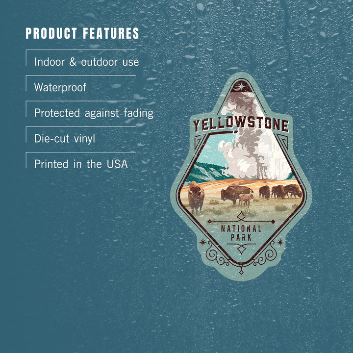 Yellowstone National Park, Wyoming, Painterly National Park Series, Bison and Geyser, Contour, Vinyl Sticker Sticker Lantern Press