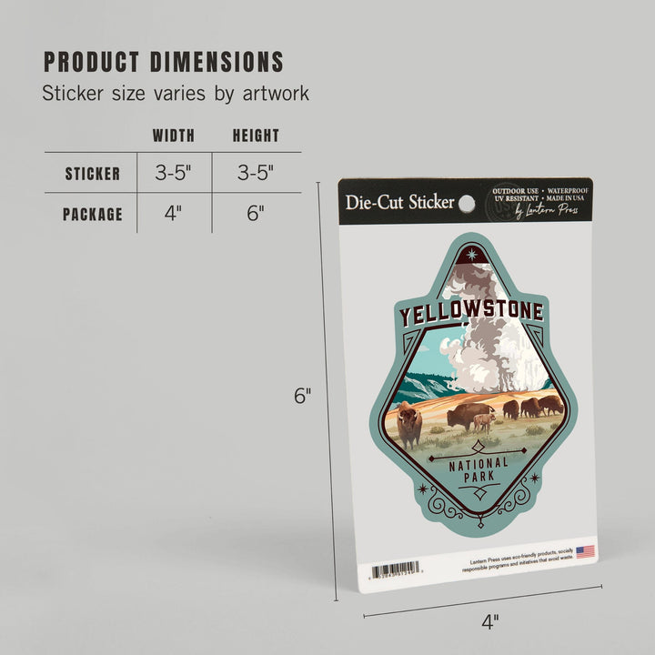 Yellowstone National Park, Wyoming, Painterly National Park Series, Bison and Geyser, Contour, Vinyl Sticker Sticker Lantern Press
