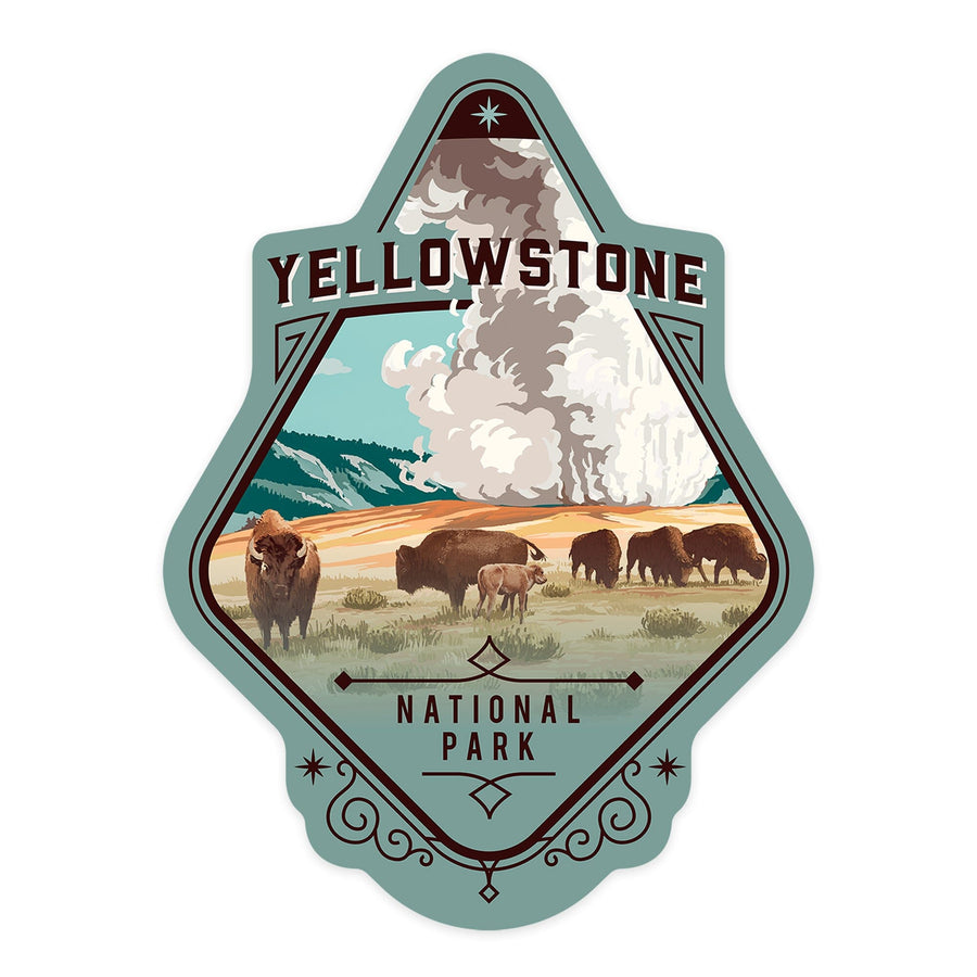 Yellowstone National Park, Wyoming, Painterly National Park Series, Bison and Geyser, Contour, Vinyl Sticker Sticker Lantern Press