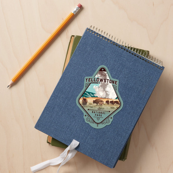 Yellowstone National Park, Wyoming, Painterly National Park Series, Bison and Geyser, Contour, Vinyl Sticker Sticker Lantern Press