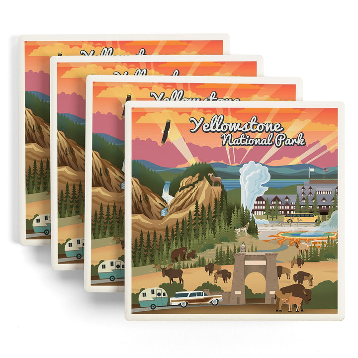 Yellowstone National Park, Wyoming, Retro View, Coasters Coasters Lantern Press