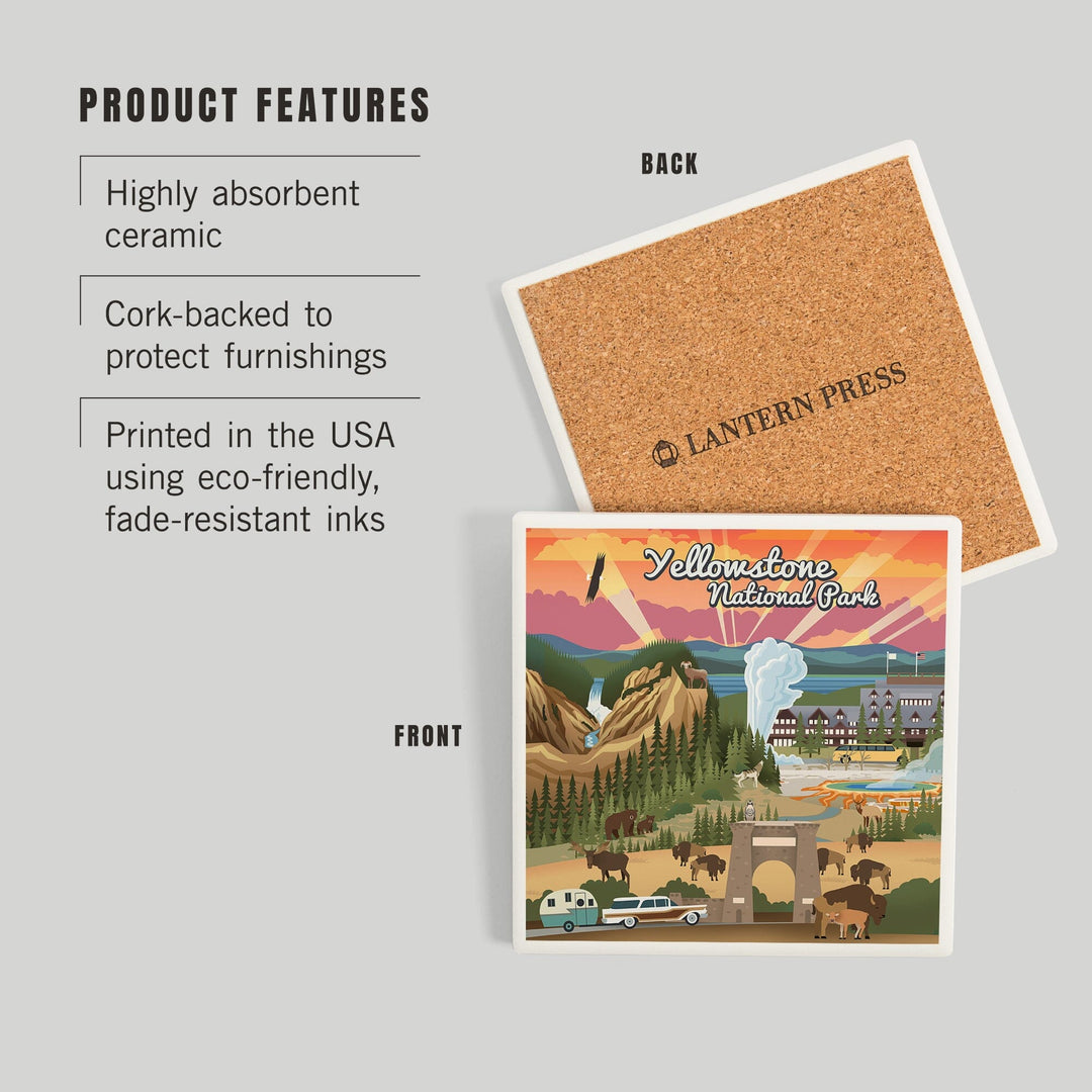 Yellowstone National Park, Wyoming, Retro View, Coasters Coasters Lantern Press