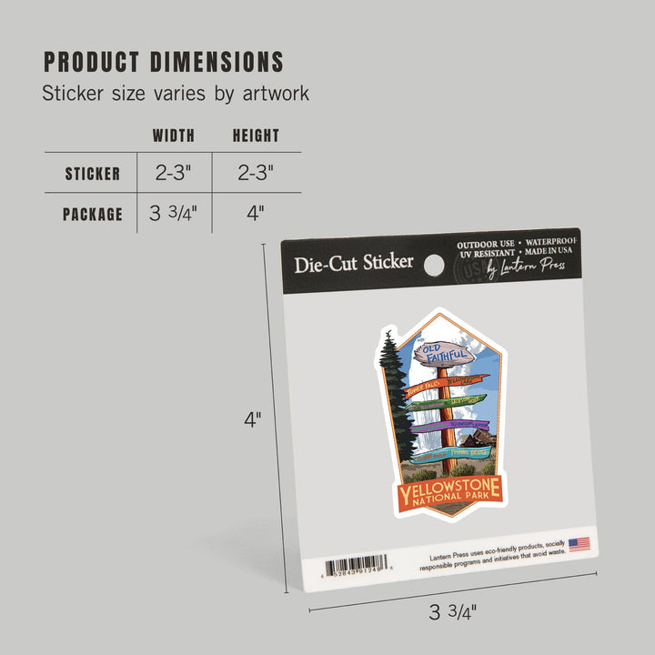 Yellowstone National Park, Wyoming, Signpost, Contour, Lantern Press Artwork, Vinyl Sticker Sticker Lantern Press