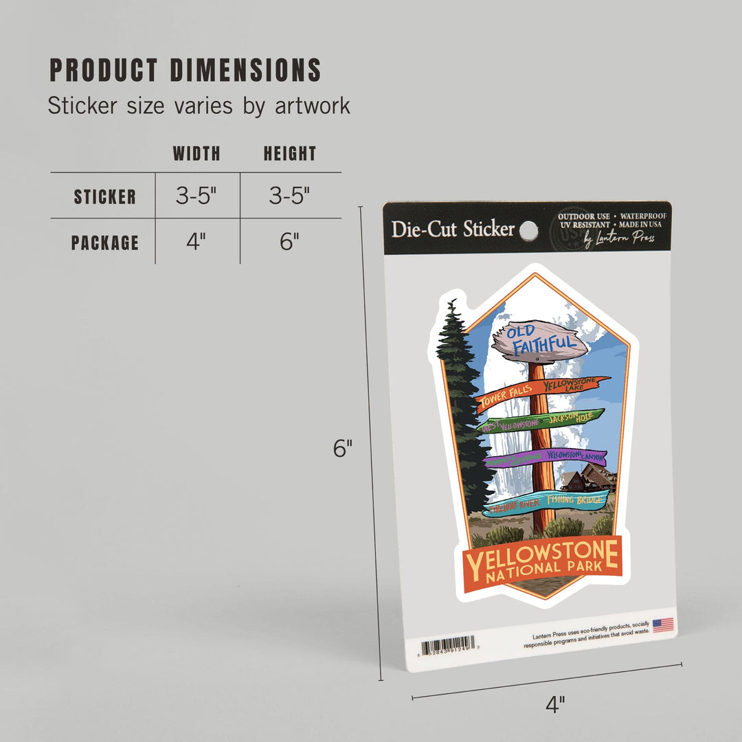 Yellowstone National Park, Wyoming, Signpost, Contour, Lantern Press Artwork, Vinyl Sticker Sticker Lantern Press