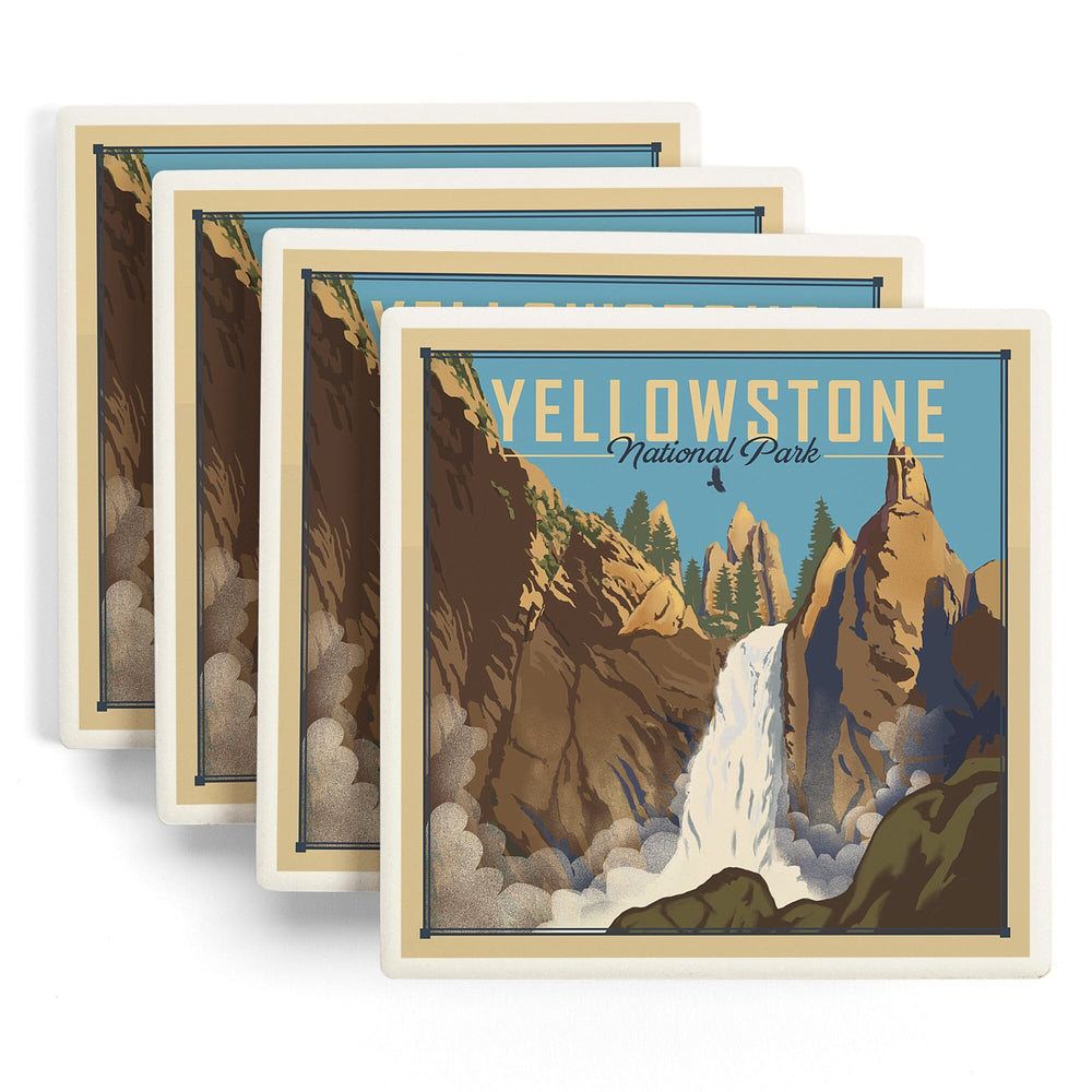Yellowstone National Park, Wyoming, Tower Falls, Lithograph National Park Series, Coasters Coasters Lantern Press