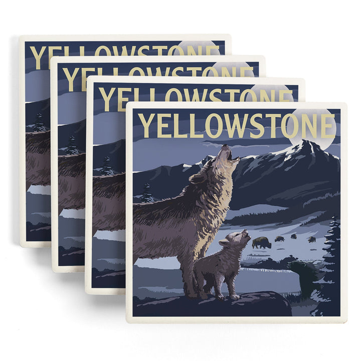 Yellowstone National Park, Wyoming, Wolves and Full Moon, Coasters Coasters Lantern Press