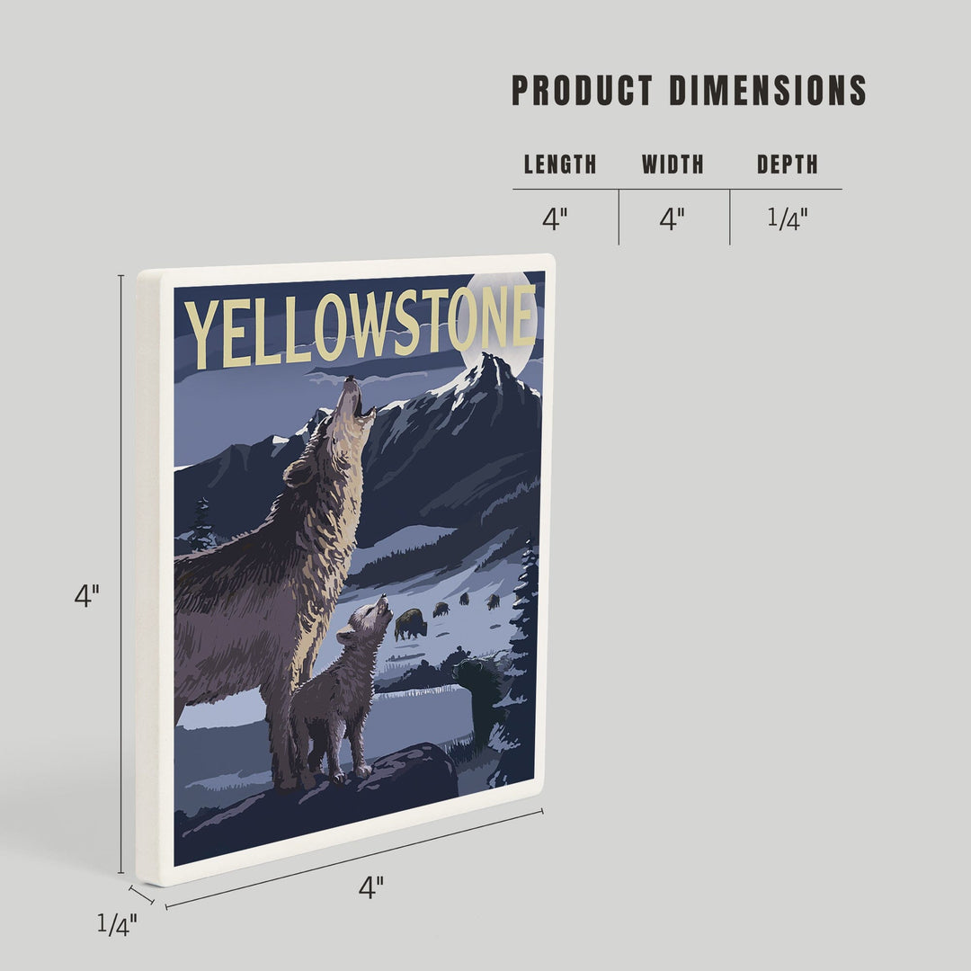 Yellowstone National Park, Wyoming, Wolves and Full Moon, Coasters Coasters Lantern Press