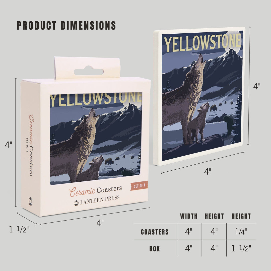 Yellowstone National Park, Wyoming, Wolves and Full Moon, Coasters Coasters Lantern Press