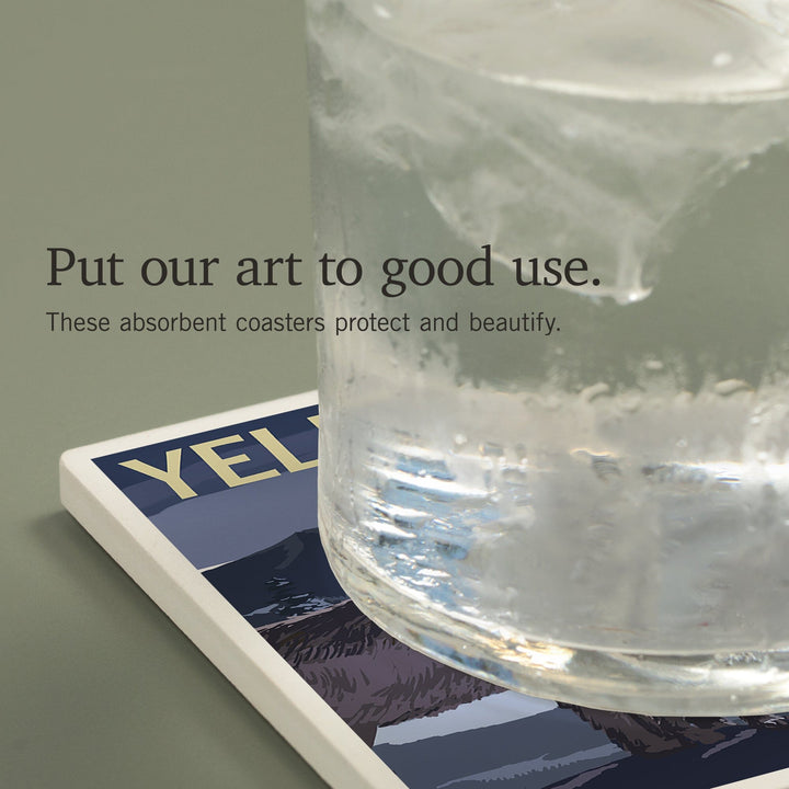 Yellowstone National Park, Wyoming, Wolves and Full Moon, Coasters Coasters Lantern Press