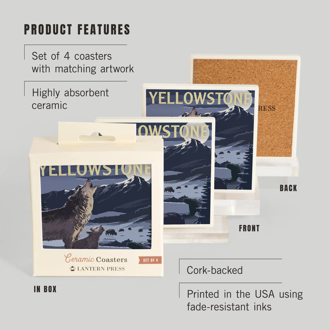 Yellowstone National Park, Wyoming, Wolves and Full Moon, Coasters Coasters Lantern Press