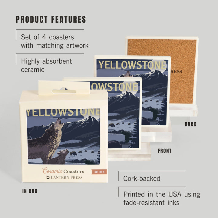 Yellowstone National Park, Wyoming, Wolves and Full Moon, Coasters Coasters Lantern Press
