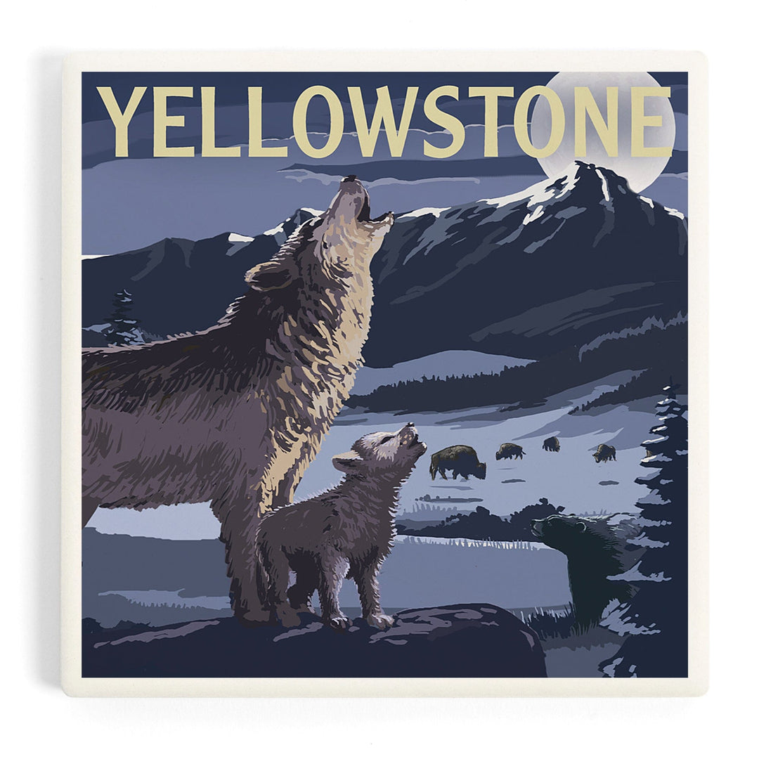 Yellowstone National Park, Wyoming, Wolves and Full Moon, Coasters Coasters Lantern Press